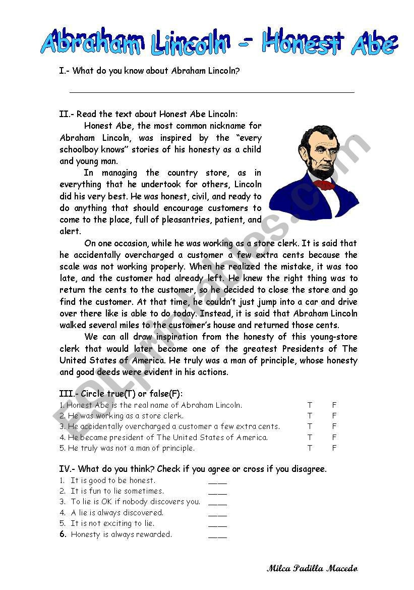 Abraham Lincoln Honest Abe  Esl Worksheet1000K