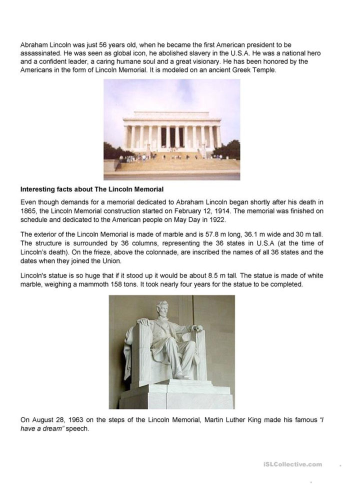 Abraham Lincoln Statue And Memorial Worksheet  English Esl