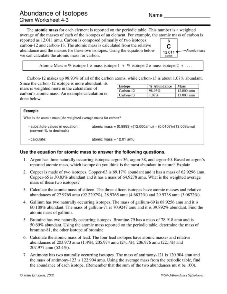 Abundance Of Isotopes Chem Worksheet 4 3 Db excel