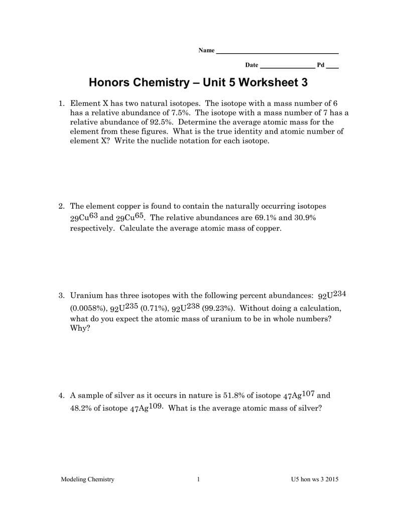 Abundance Of Isotopes Chem Worksheet 4 3