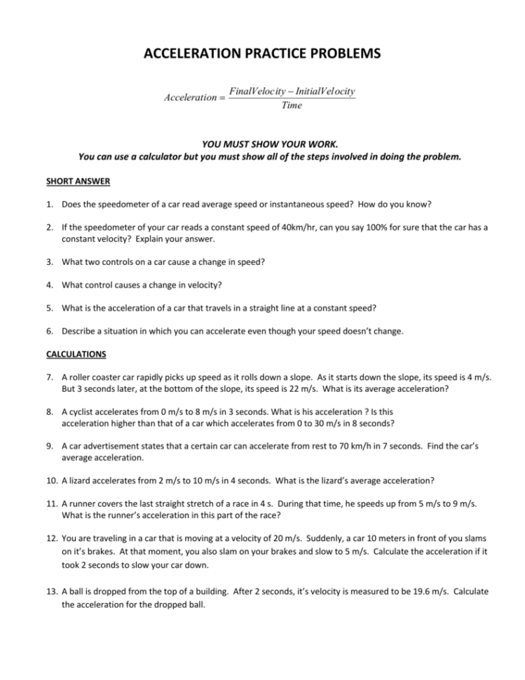 Acceleration Practice Problems Acceleration Practice Problems