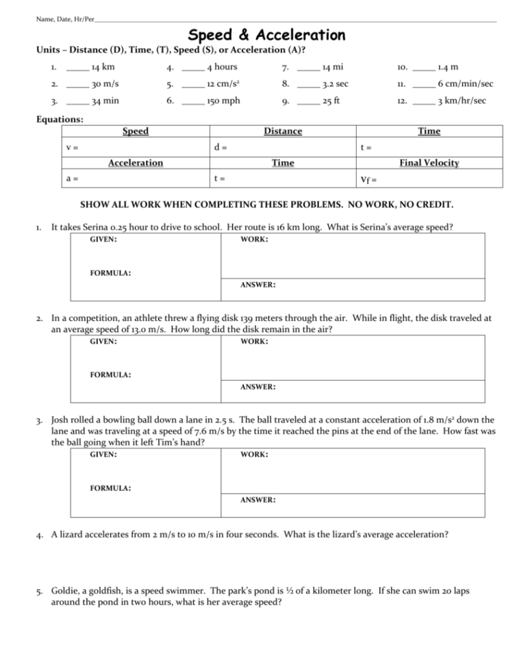 Acceleration Worksheet  Fulton County Schools