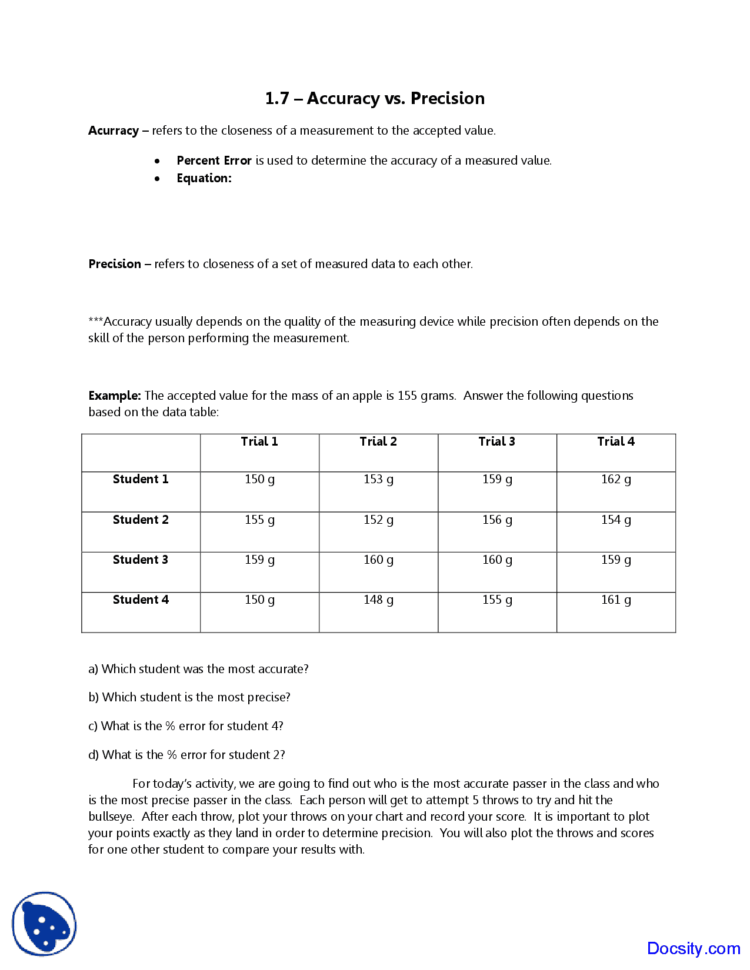 Accuracy Vs Precision  General Chemistry  Quiz  Docsity