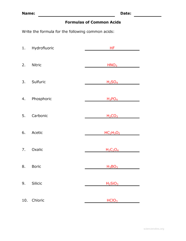 Acid Formulas Worksheet