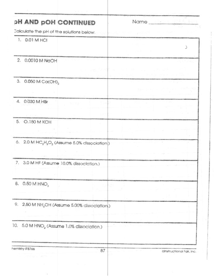 Ph And Poh Calculations Worksheet