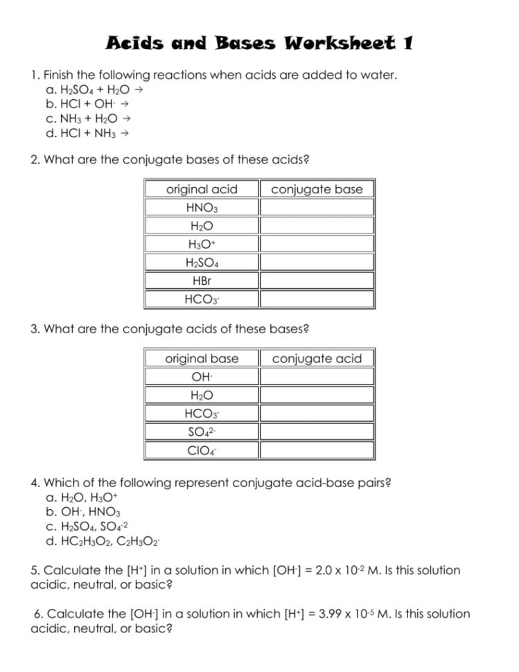 Acids And Bases Worksheet 1