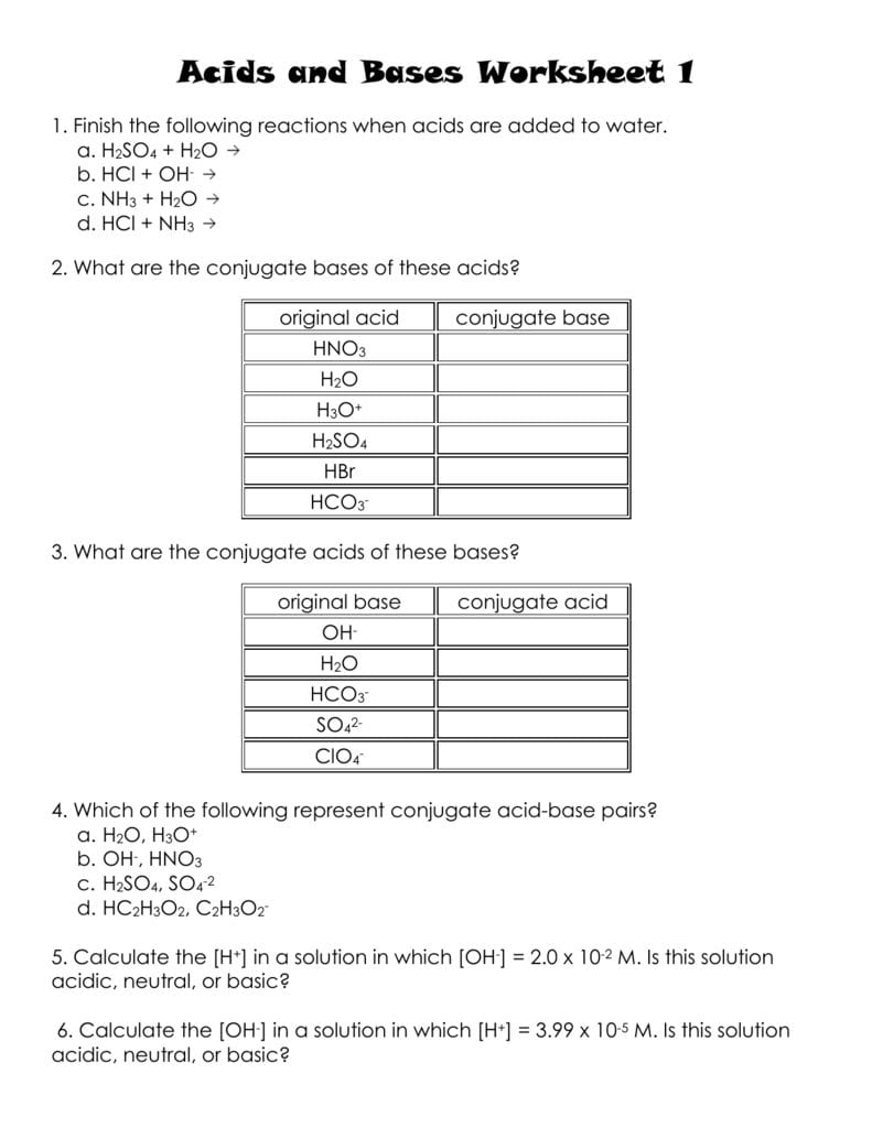 Acids And Bases Worksheet 1