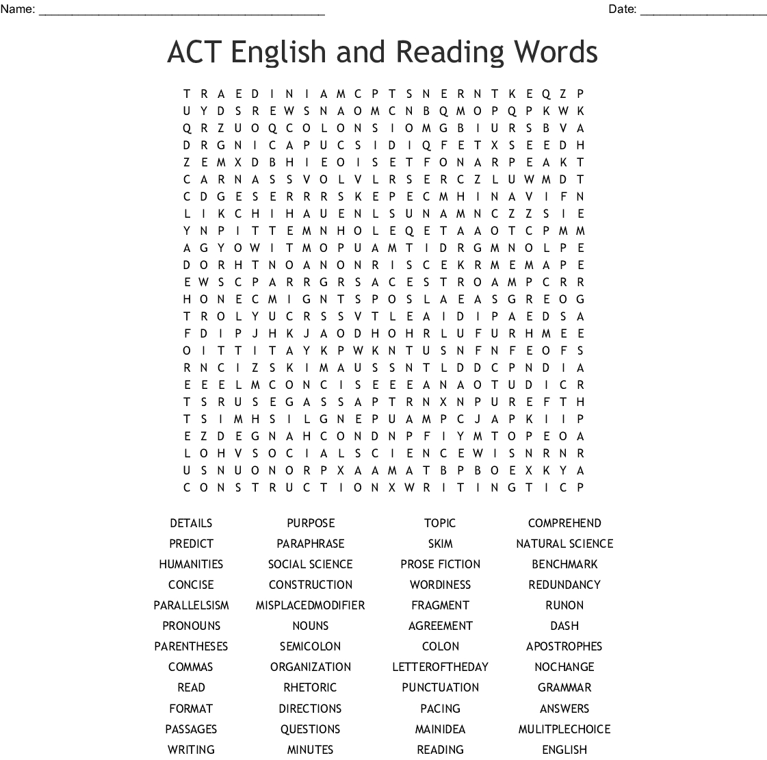 Act English Curriculum Review Worksheets