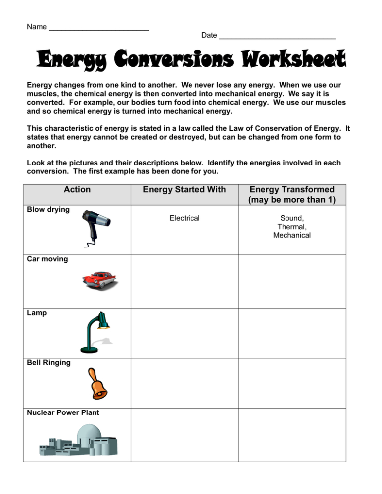 Energy Transformation Worksheet db excel com