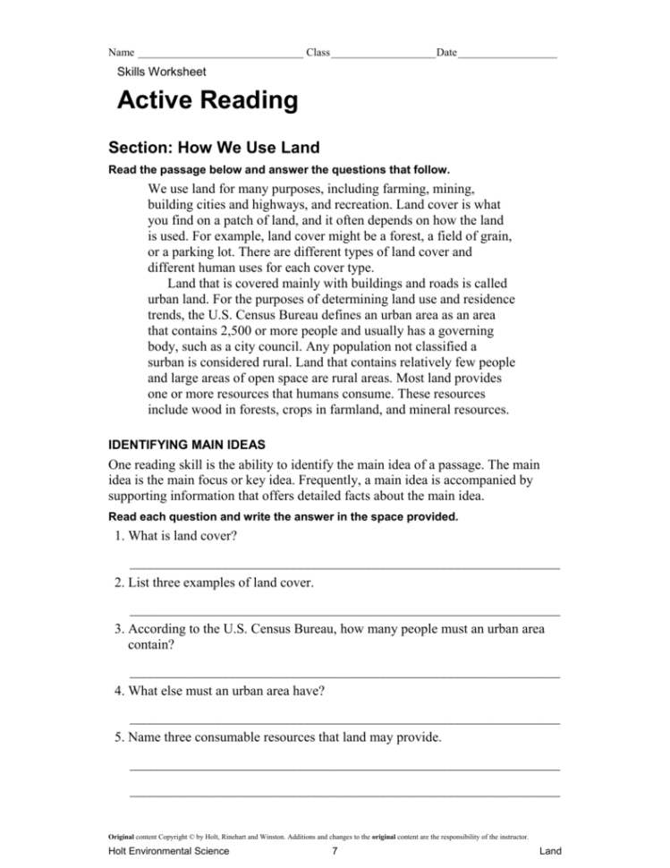 holt environmental science skills worksheet active reading answer key