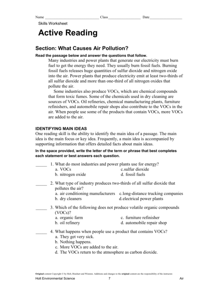 Holt Environmental Science Skills Worksheet Active Reading Answer Key