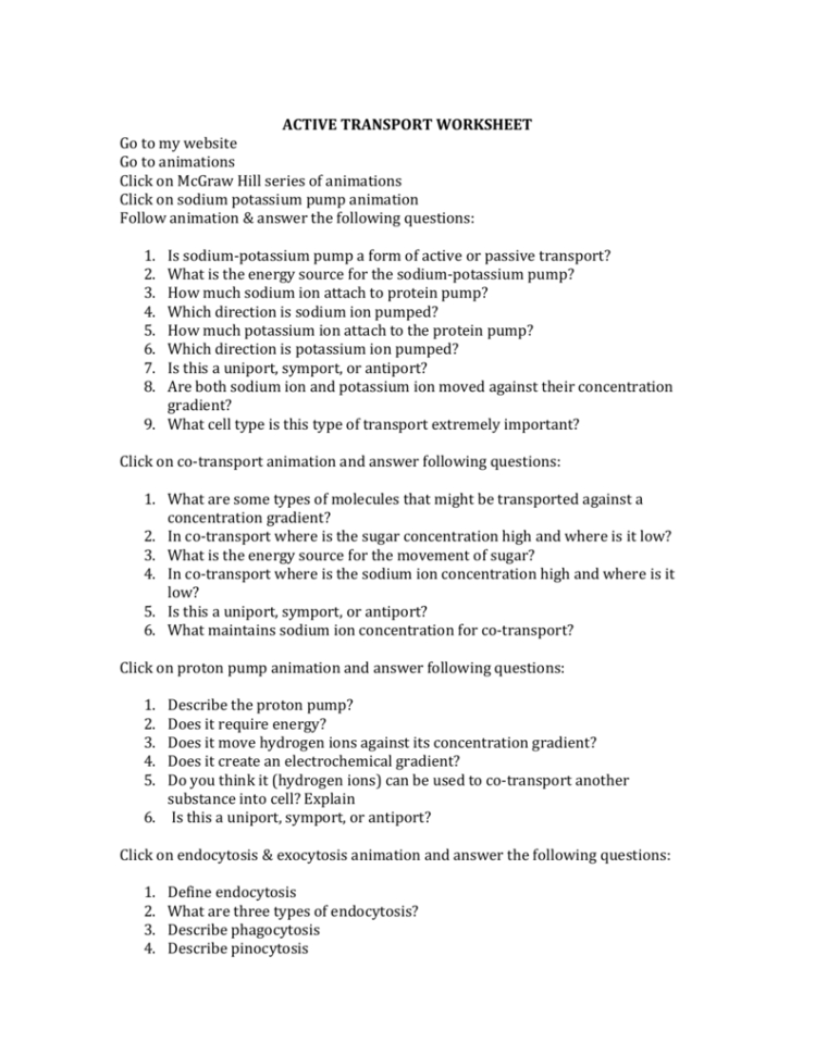 Active Transport Worksheet Go To My Website Go To