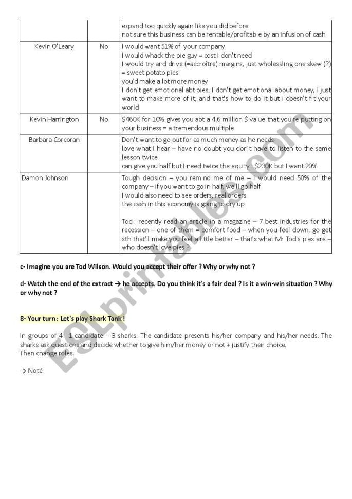 Activities On The Tv Show Shark Tank  Esl Worksheet