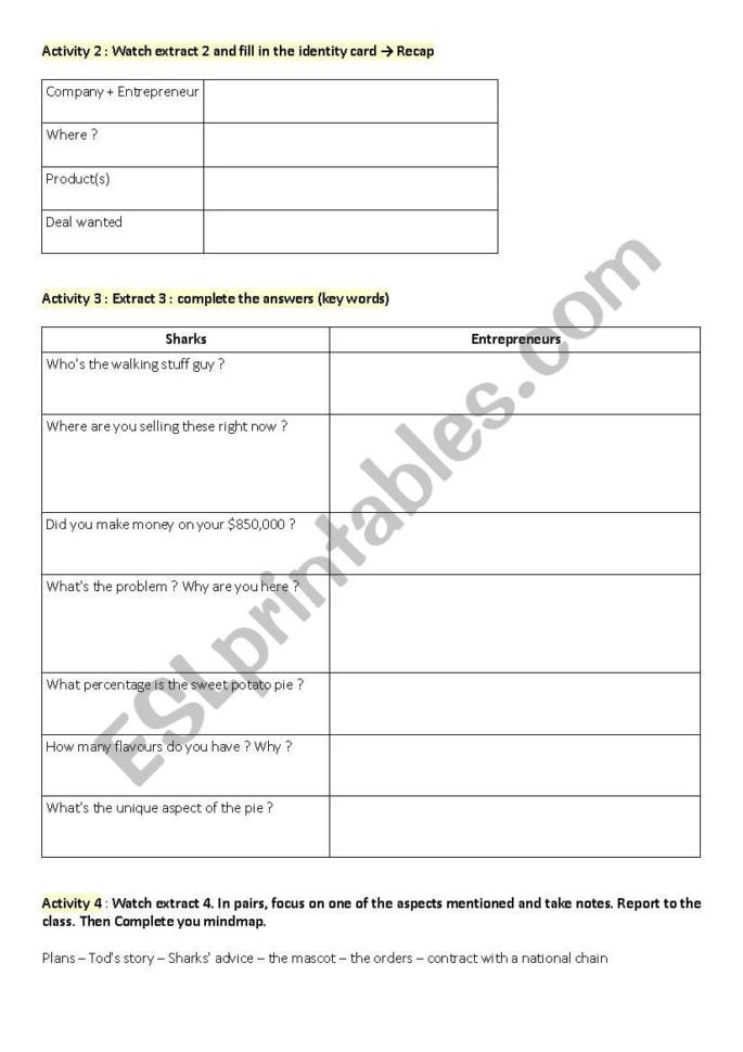 Activities On The Tv Show Shark Tank  Esl Worksheet