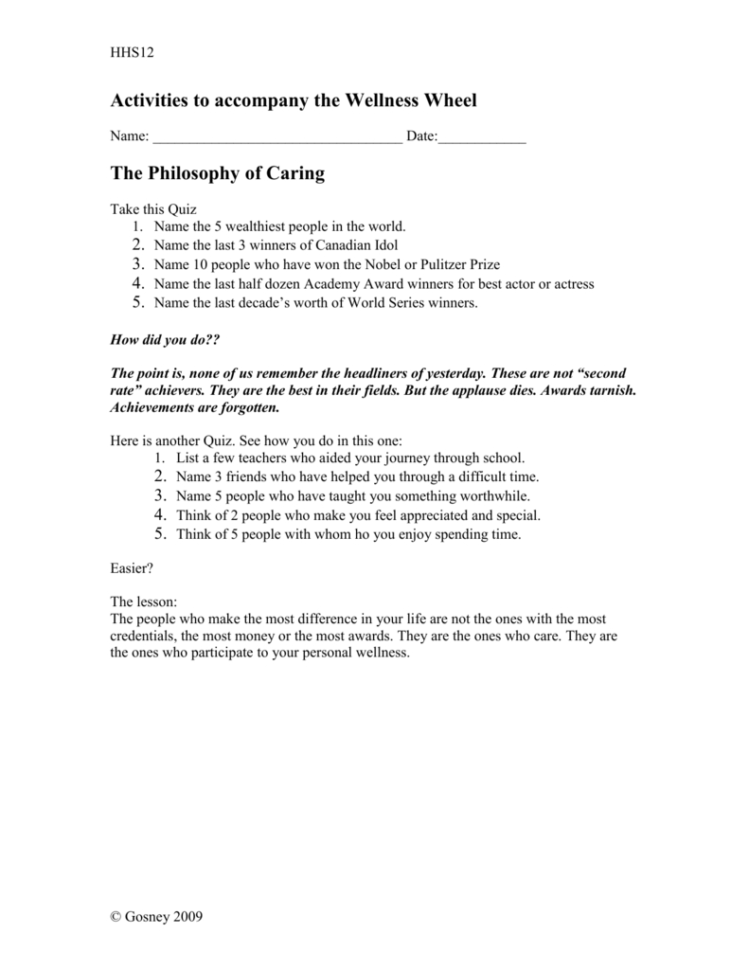 Activities To Accompany The Wellness Wheel