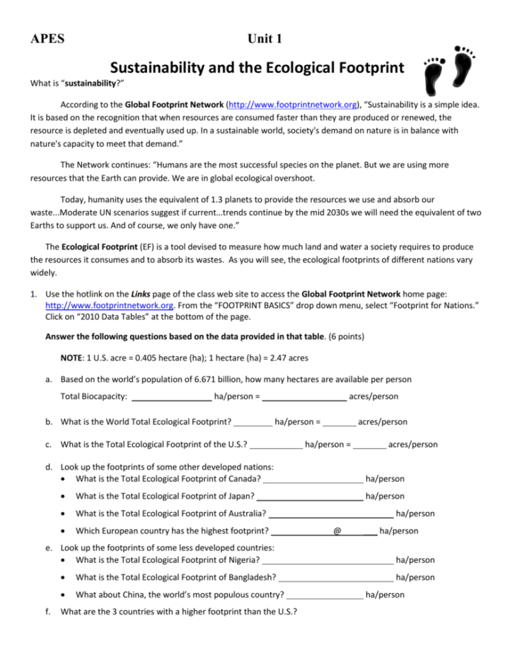 Ecological Footprint Worksheet