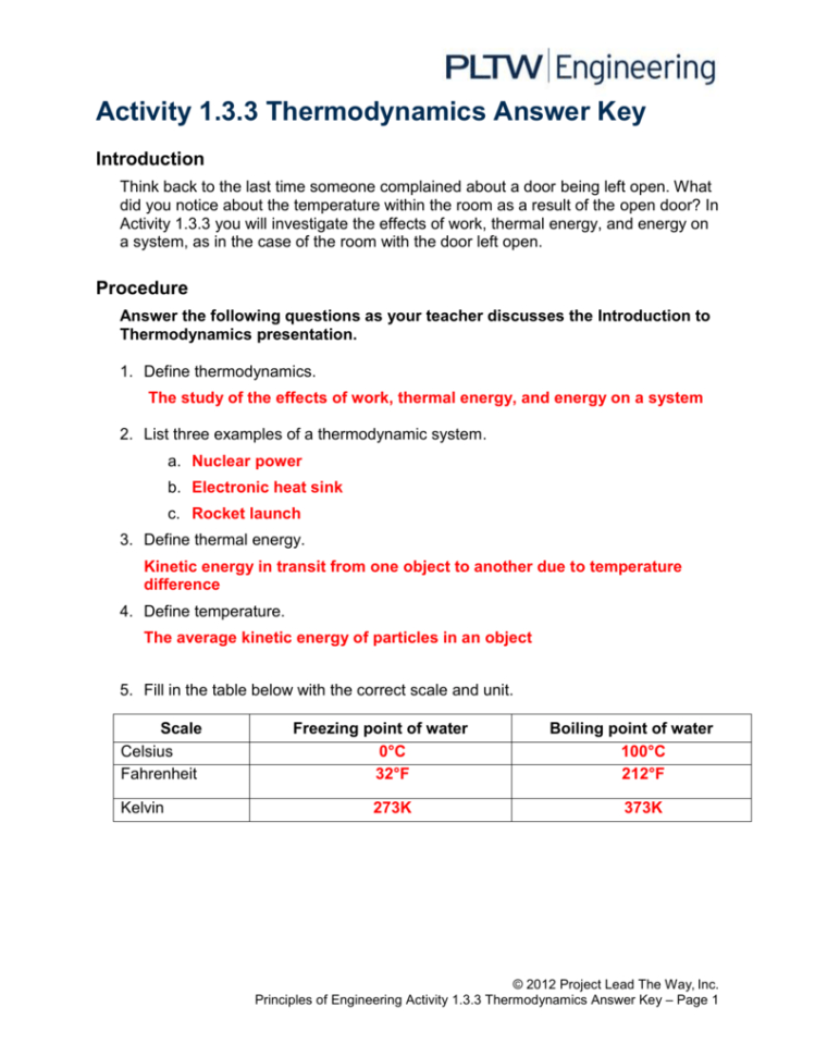 Activity 133 Thermodynamics Answer Key