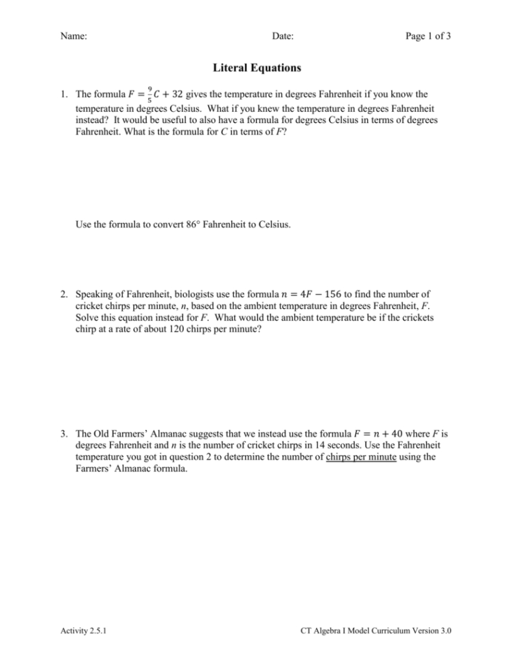 Activity 251 Literal Equations