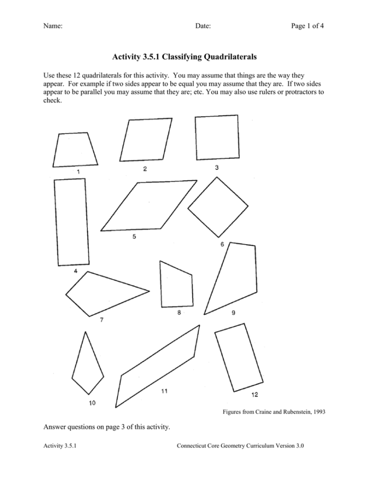 Classifying Quadrilaterals Worksheet
