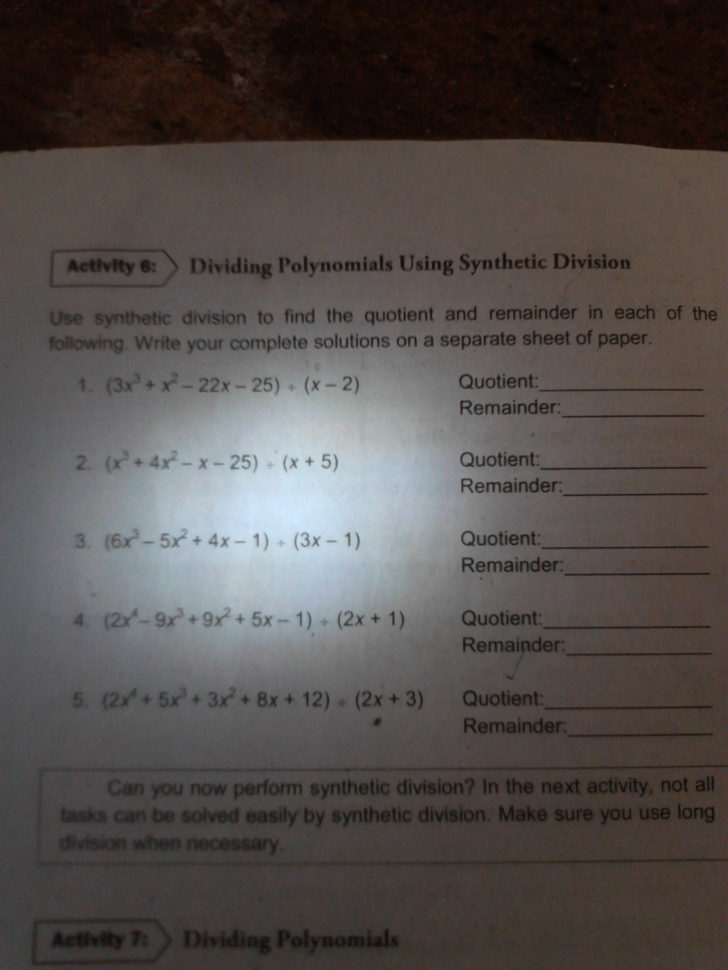 Activity 6 Dividing Polynomials Using Synthetic Division