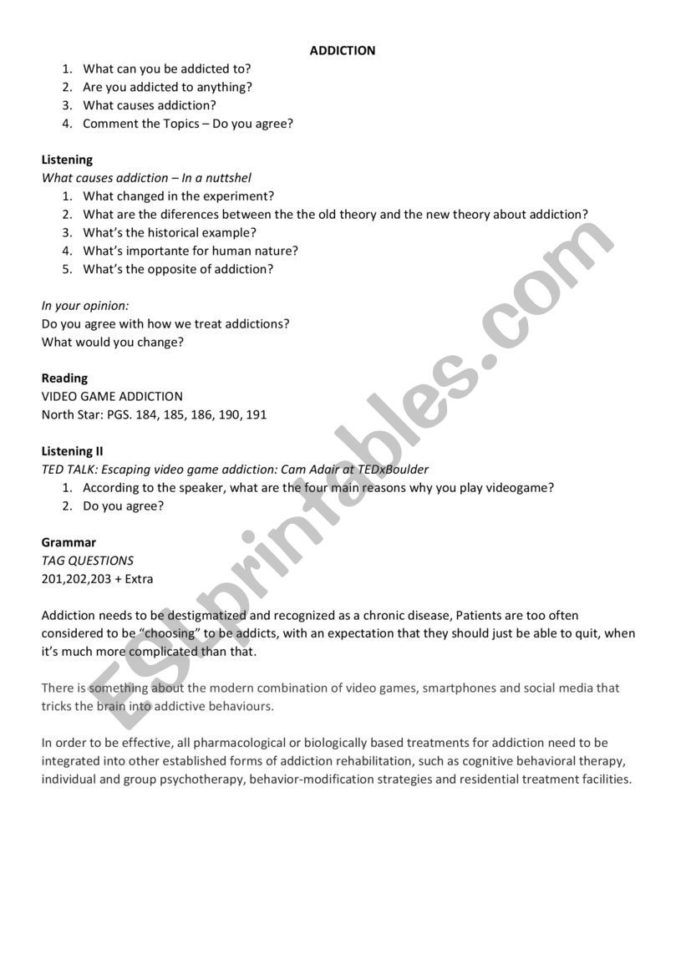 Addiction  Conversation Class  Esl Worksheetranzianapaula