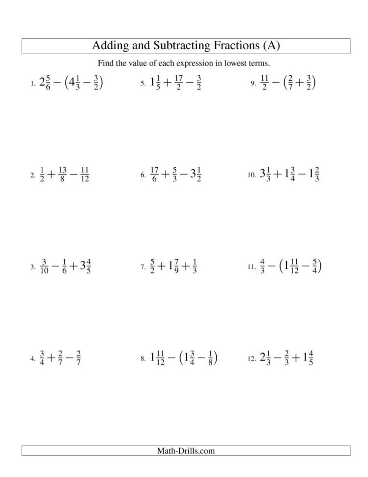 Adding And Subtracting Fractions With Three Terms A
