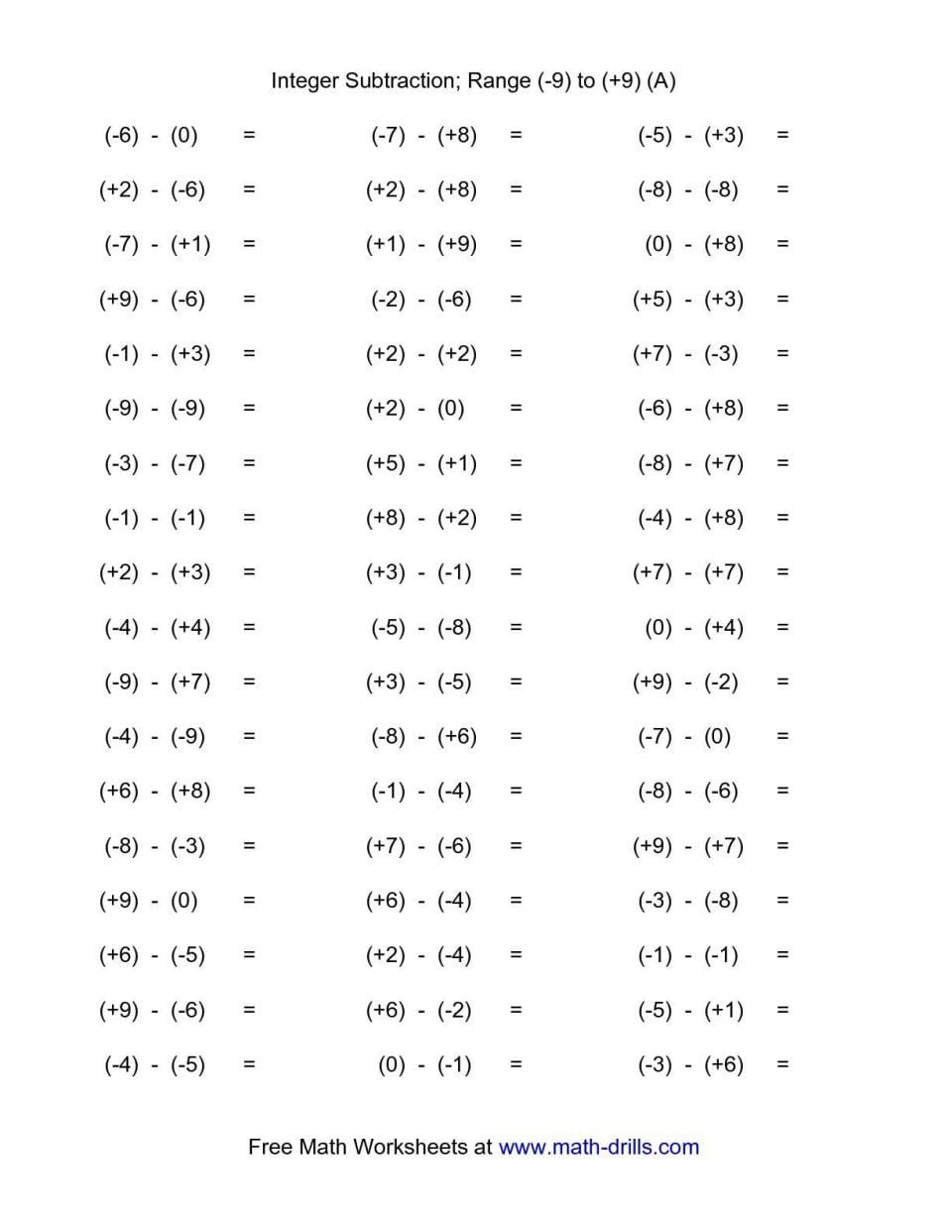 Adding And Subtracting Integers Worksheet Grade 7