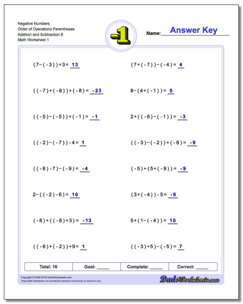 Adding And Subtracting Negative Numbers Worksheets