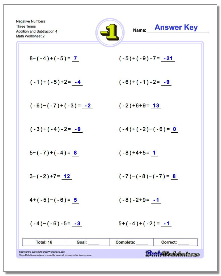Adding And Subtracting Negative Numbers Worksheets