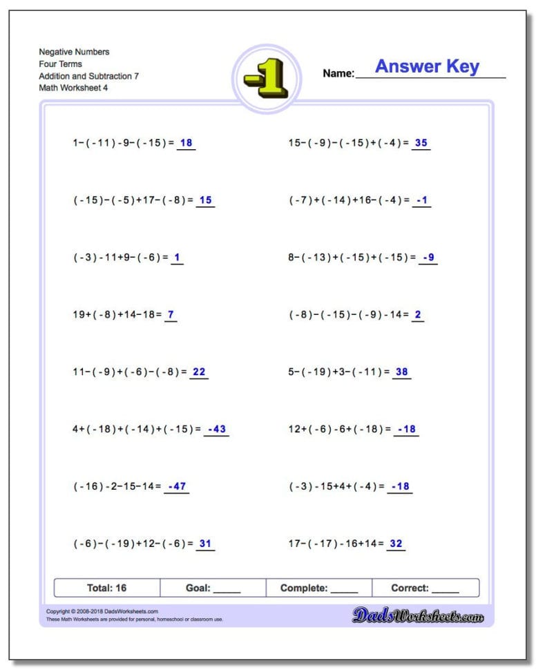 Adding And Subtracting Negative Numbers Worksheets