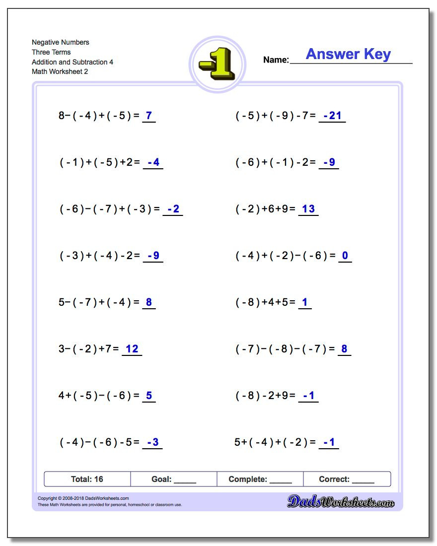 7Th Grade Adding And Subtraction Of Integers Worksheet With Answers