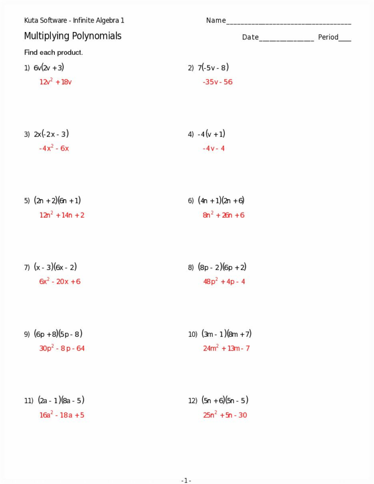 Algebra Area Model Multiplication Polynomials Worksheets