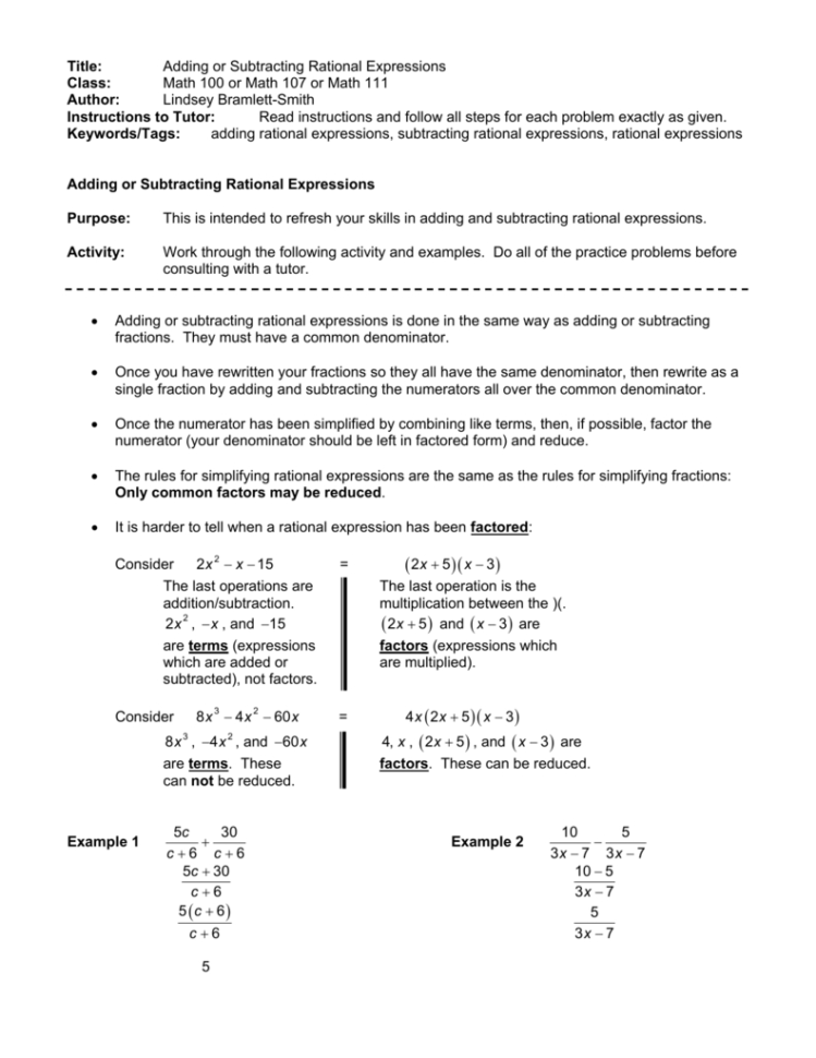 Adding And Subtracting Rational Expressions