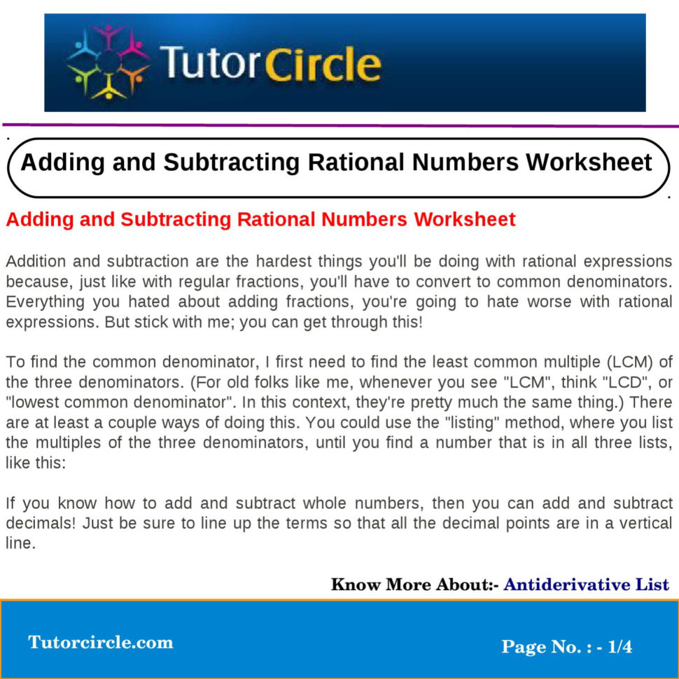 Adding And Subtracting Rational Numbers Worksheet