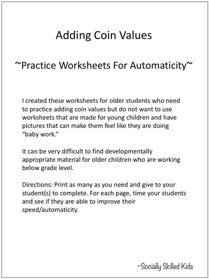 Adding Coin Values For Automaticity  Practice Worksheets