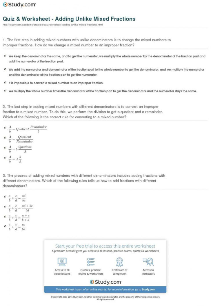 Subtracting Fractions With Unlike Denominators Worksheet