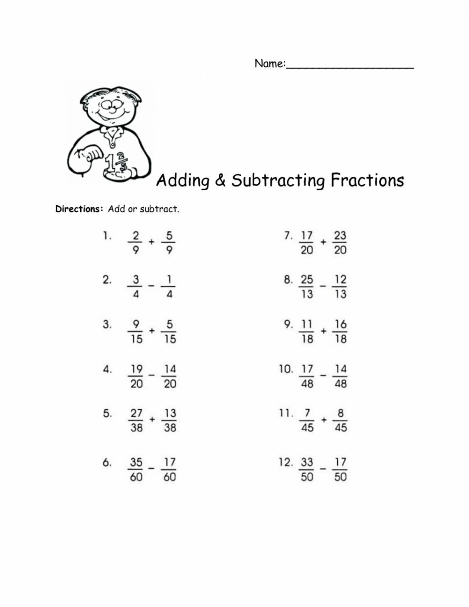 Adding Subtracting Multiplying Dividing Fractions Worksheet