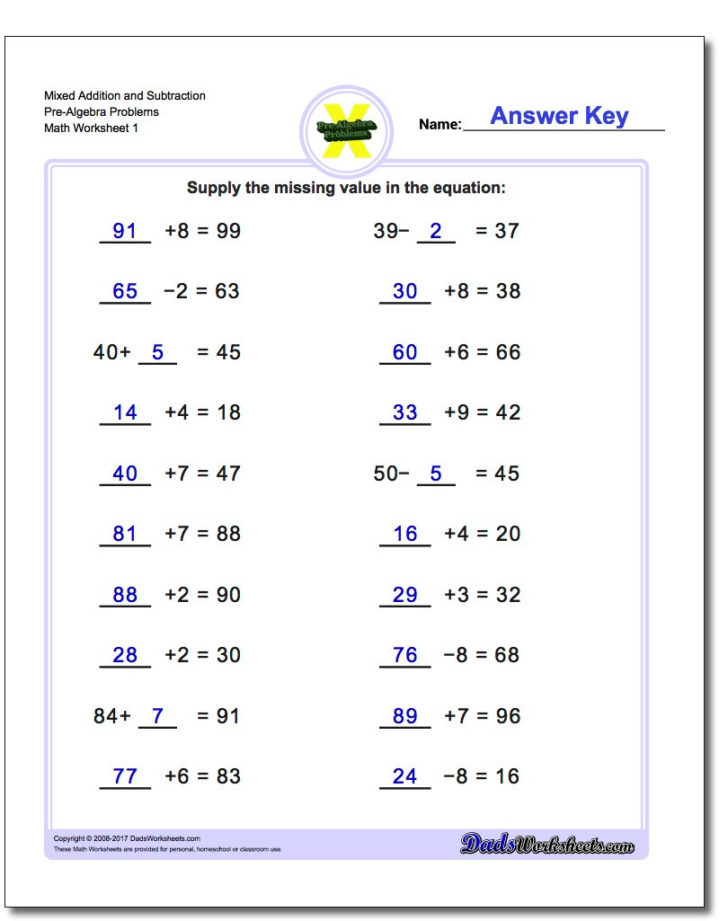 Simple Addition And Subtraction Equations Worksheets