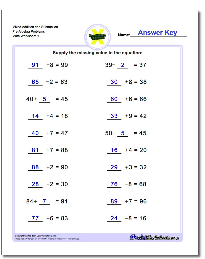 Addition And Subtraction Prealgebra Worksheets