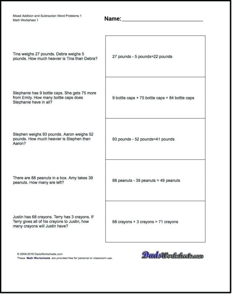 Addition And Subtraction Word Problems Worksheets Word