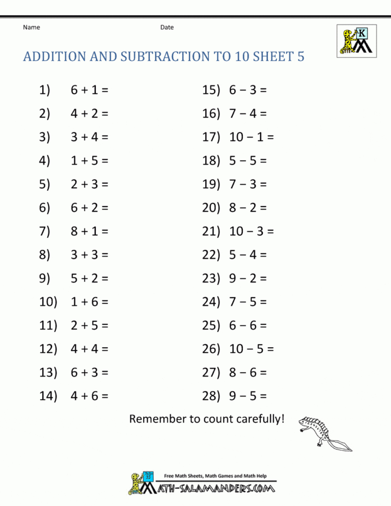 Free Math Worksheets For Kindergarten Addition And Subtraction — db
