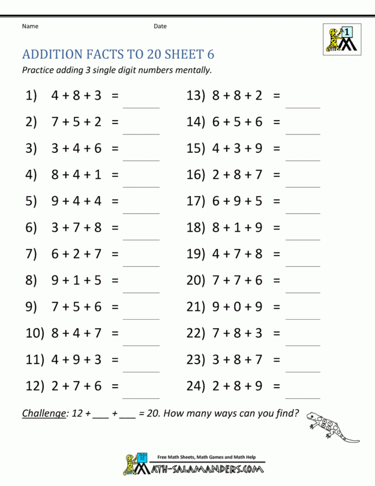 Addition Facts To 20 Worksheets