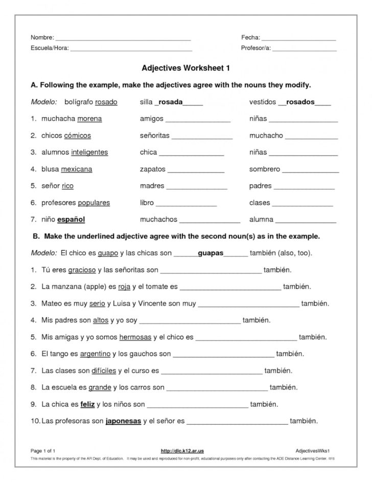 Adjective Noun Agreement Spanish Adjectives Worksheet As — Db