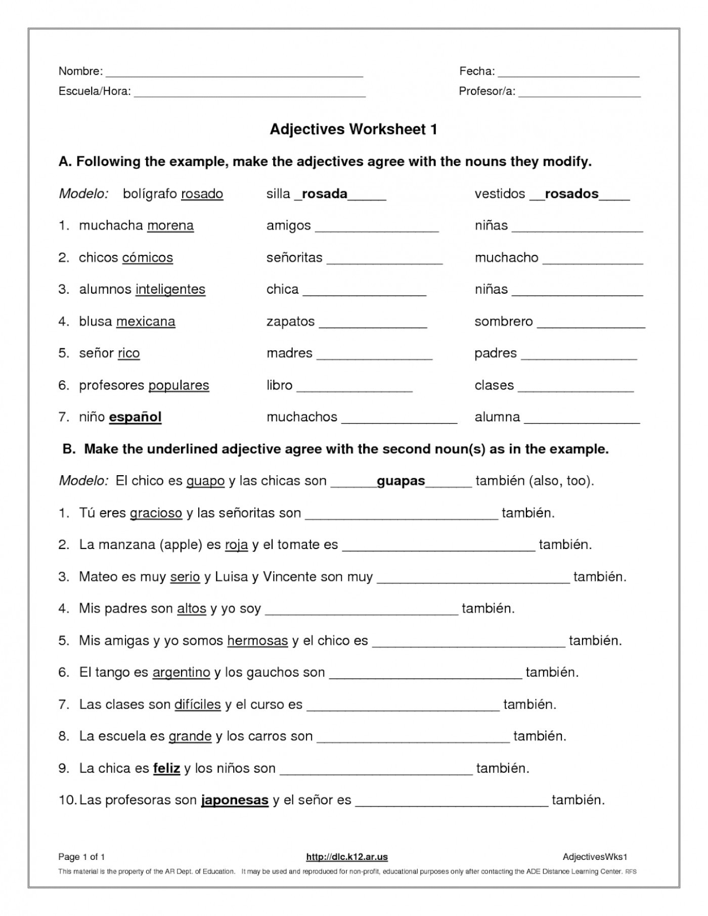 Adjective Noun Agreement Spanish Adjectives Worksheet As
