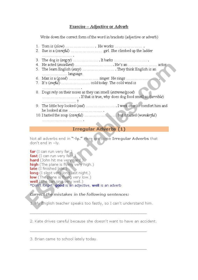 Adjective Or Adverb  Comparison Of Adverbs  Esl Worksheet