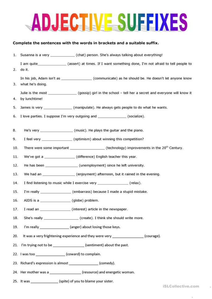 Adjective Suffixes  English Esl Worksheets