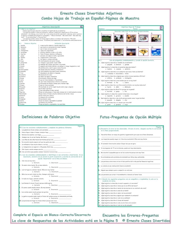 Adjectives Combo Activities Spanish Worksheets
