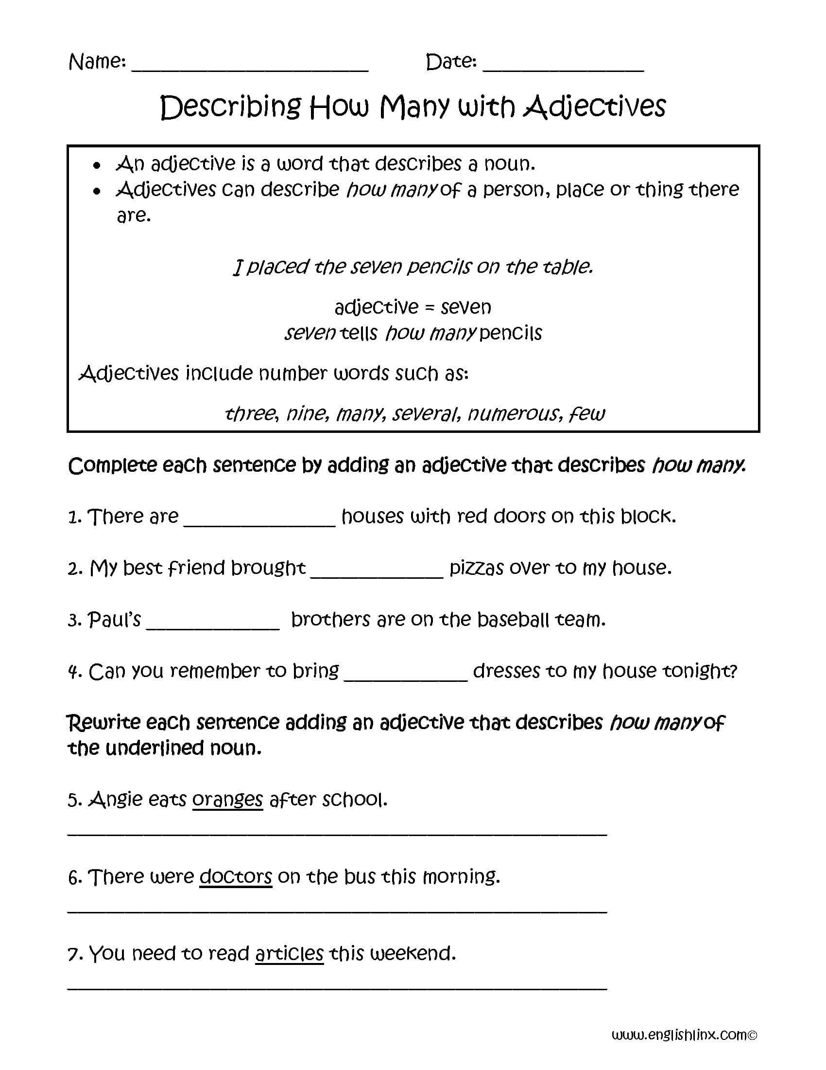 Descriptive And Limiting Adjectives Worksheet Grade 5