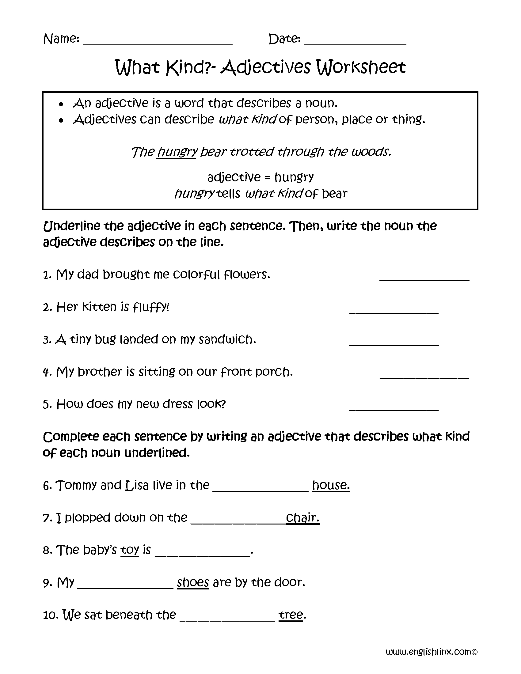 Kinds Of Adjectives Worksheets For Grade 6
