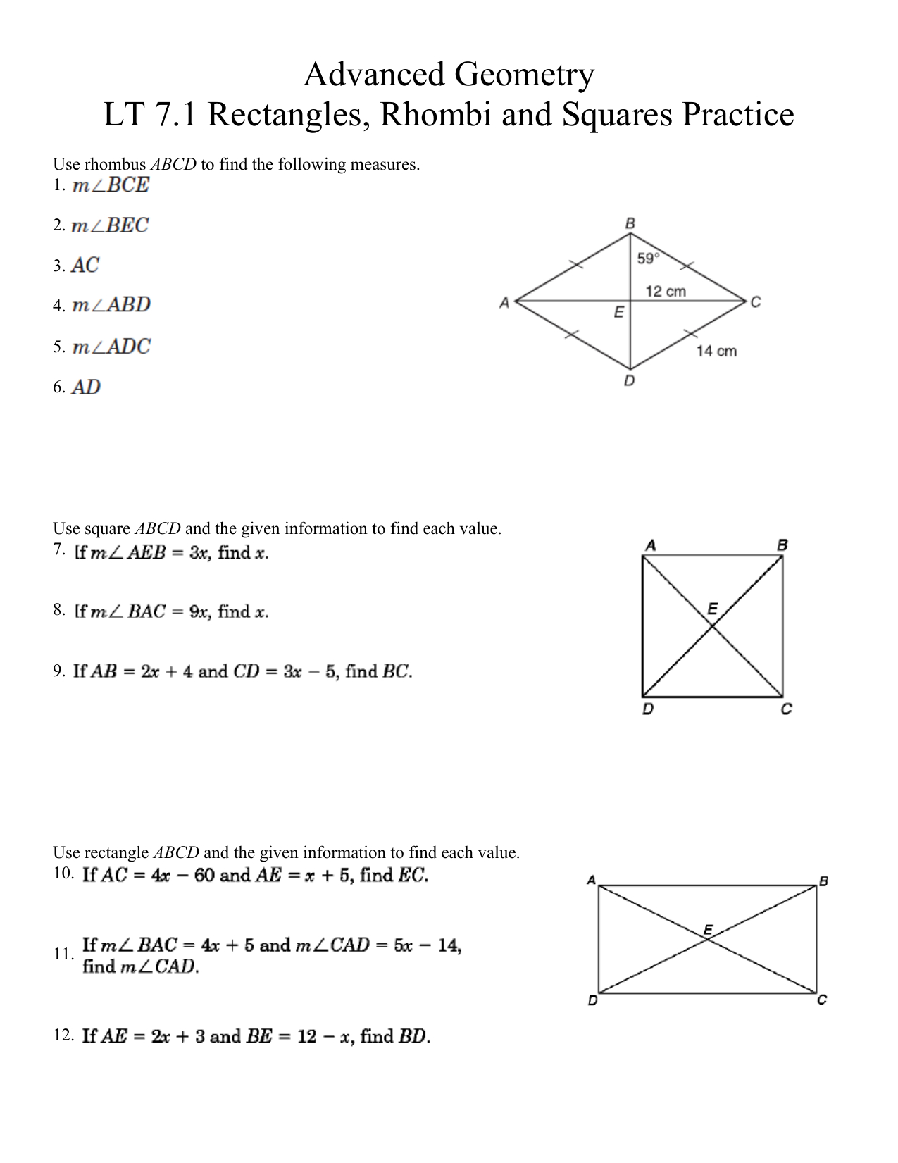Advanced Geometry Lt 71 Rectangles Rhombi And Squares Practice